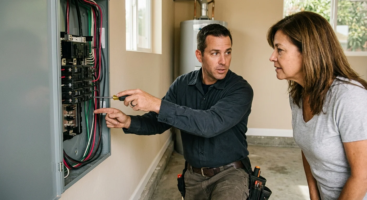 Electrician reviewing panel wiring and cost estimate inside a Highland home